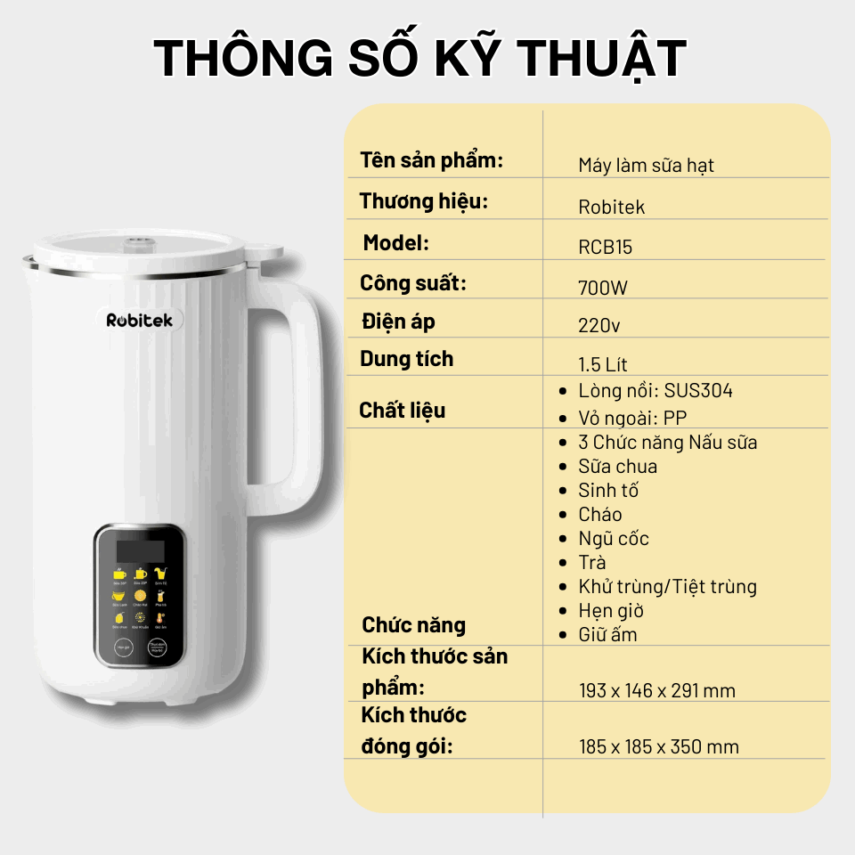 MÁY LÀM SỮA HẠT ROBITEK RCB15 – TỰ ĐỘNG ĐA CHỨC NĂNG